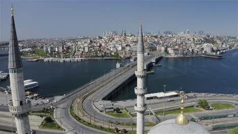 aerial view of new mosque and galata bridge. 4k footage in turkey