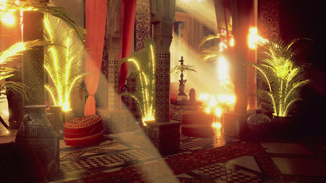 Warm glow illuminates a vibrant moroccan courtyard filled with plants