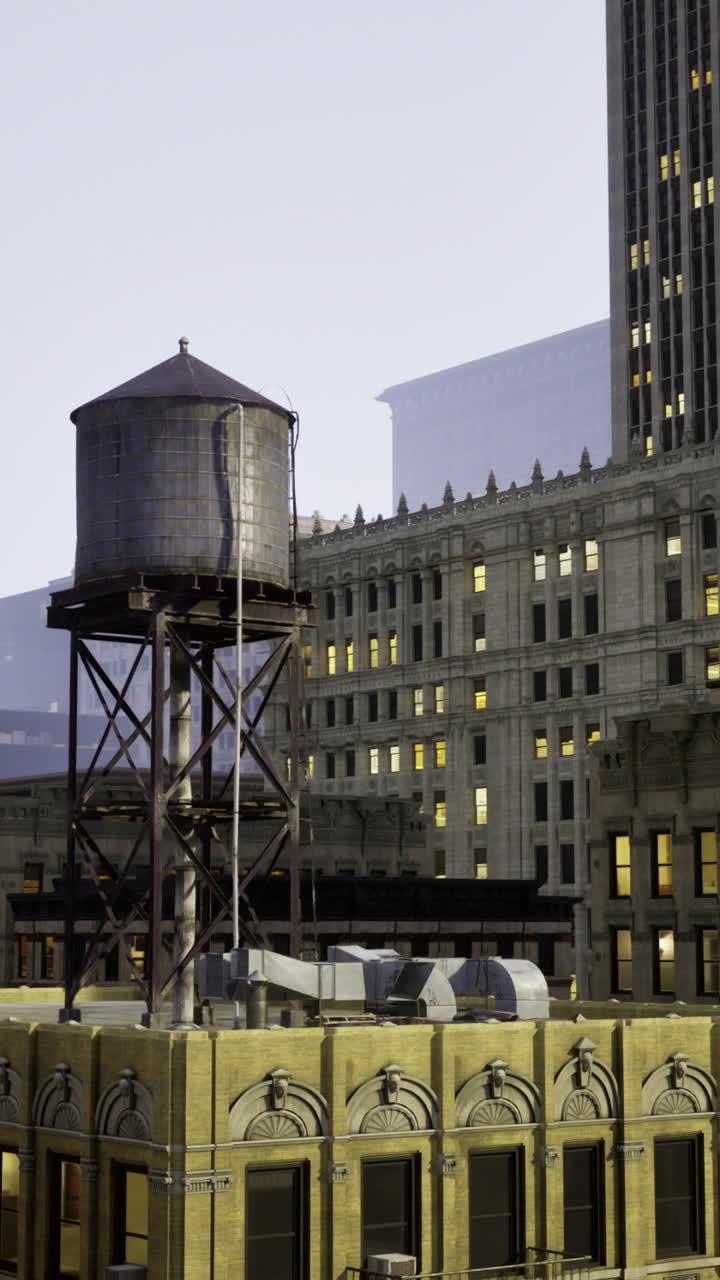 Historic water tower stands amidst urban skyline at dusk in a busy city