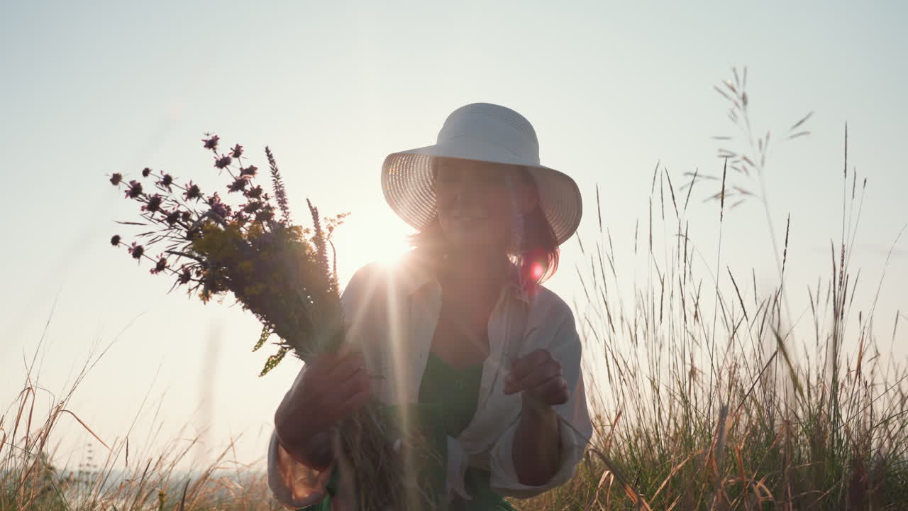 young lady in white sun hat gathers wildflowers in tall grass as warm sunlight flares through bouquet creating golden glow across serene field scene filled with peaceful summer