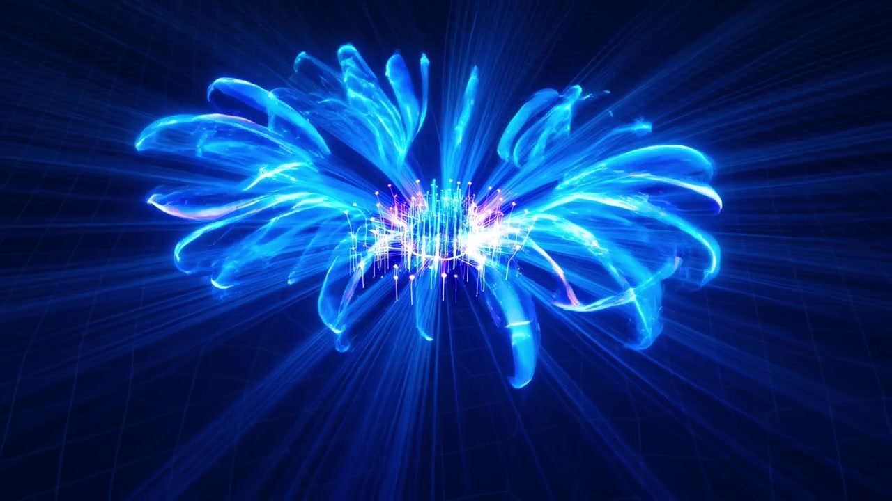 Nucleo di luce blu astratto e futuristico con raggi di energia in espansione