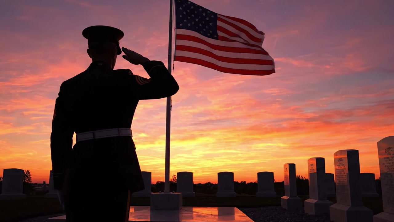 Un solenne tributo: un soldato che saluta la bandiera americana al crepuscolo tra le lapidi in un cimitero, onorando i sacrifici degli eroi caduti.