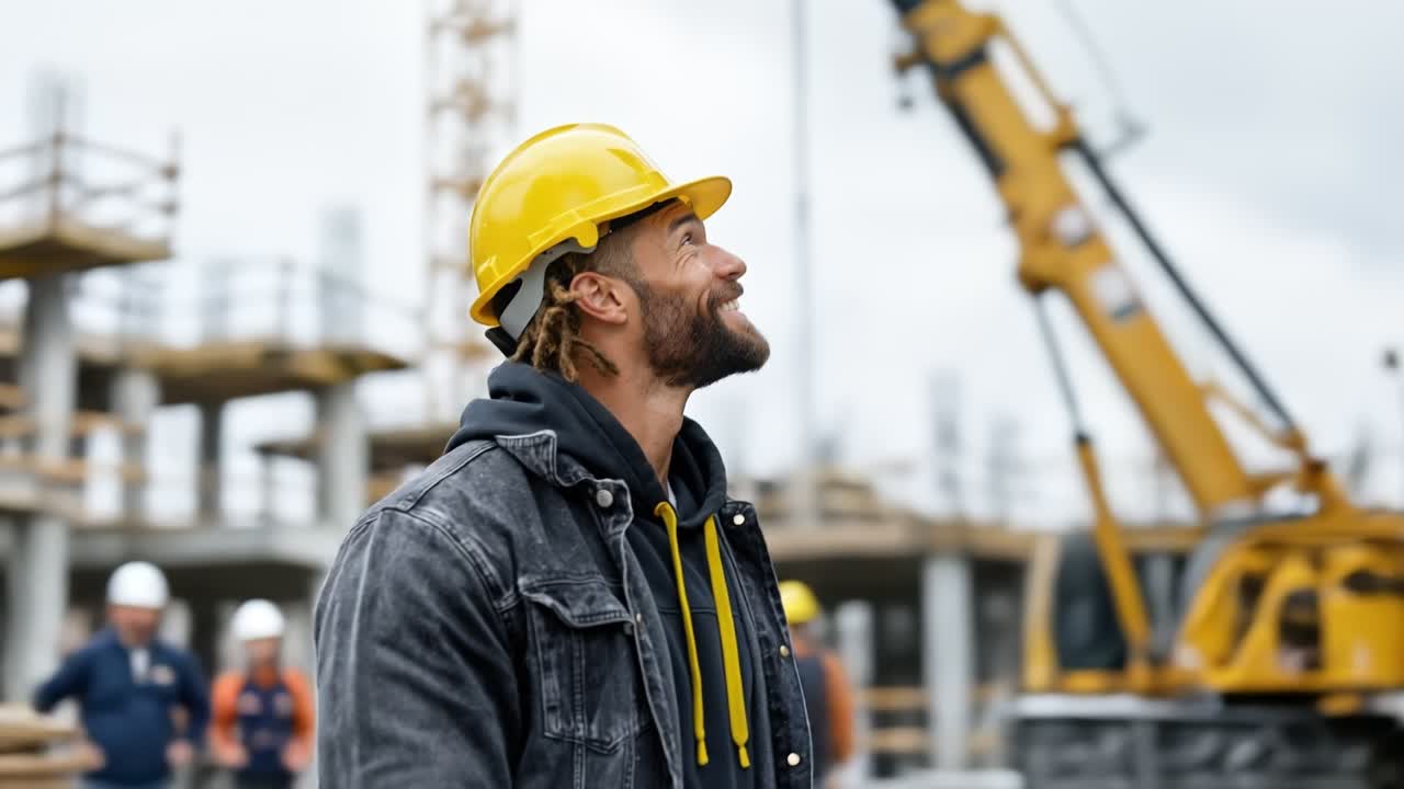 Portrait of a happy smiling construction worker wearing a yellow hard hat at a building site