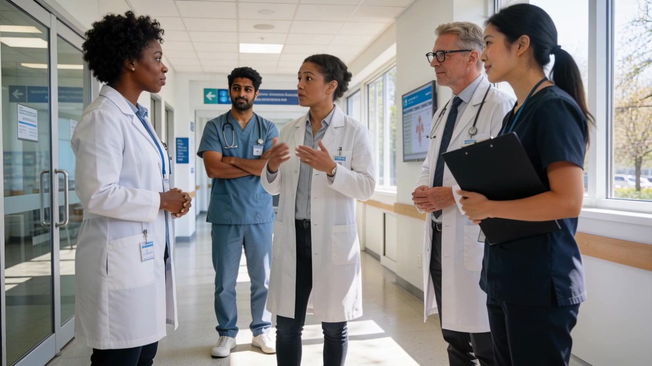 Starting left doc briefing team in lab coats at hospital corridor mid doc gesturing with clipboard