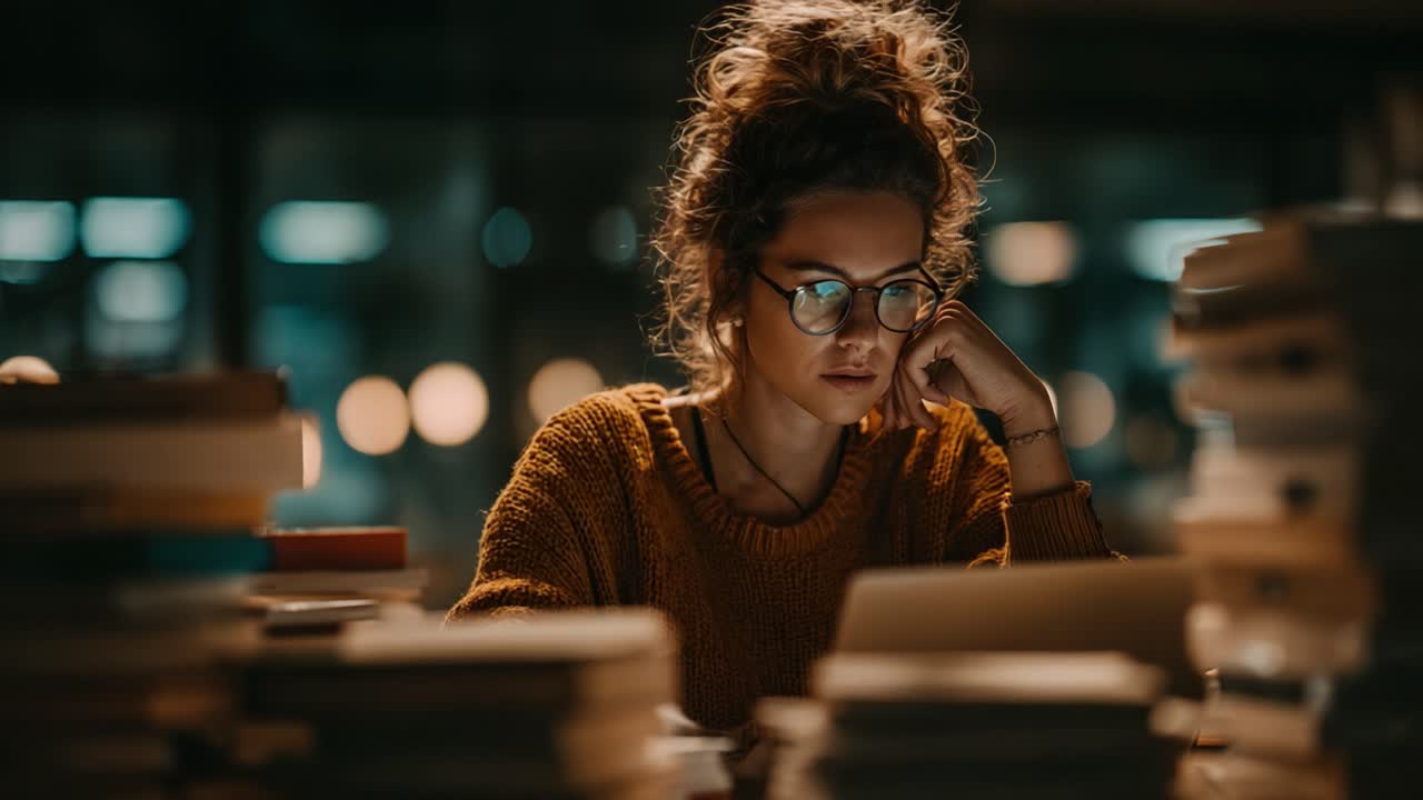 An Intense Study Session: A Young Woman Focused on Her Laptop Surrounded by Stacks of Books in a Cozy, Dimly Lit Environment