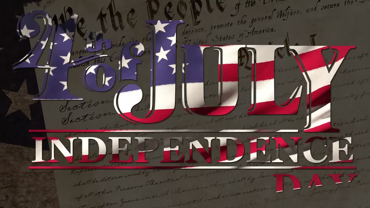 미국 국기 위에 있는 독립기념일 텍스트의 애니메이션