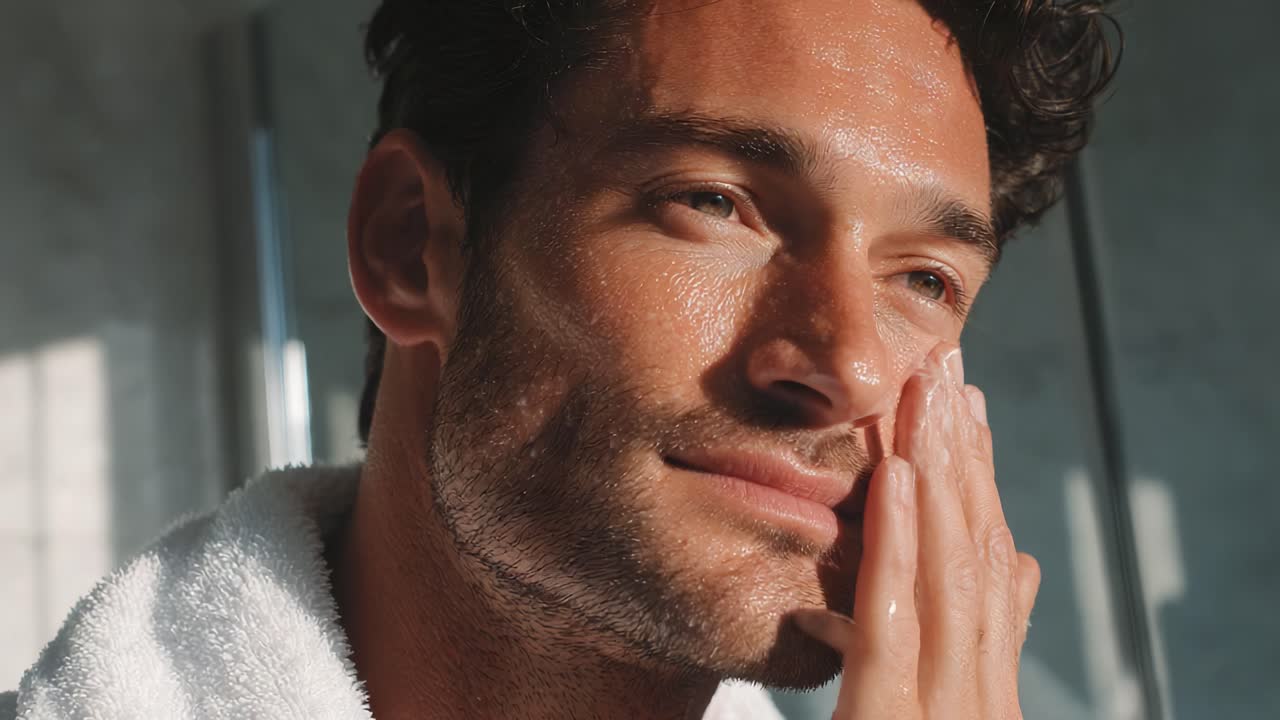 Capturing a Moment of Self-Care: A Young Man's Reflection in the Morning Light While Applying Skincare in His Bathroom