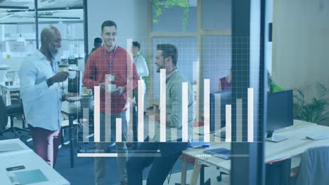 Animation-of-moving-bar-graph,-loading-bars-over-diverse-coworkers-discussing-in-tea-break