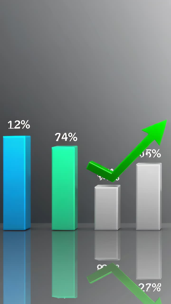 3D Bar Chart with Upward Green Arrow Indicating Business Growth and Data Analysis