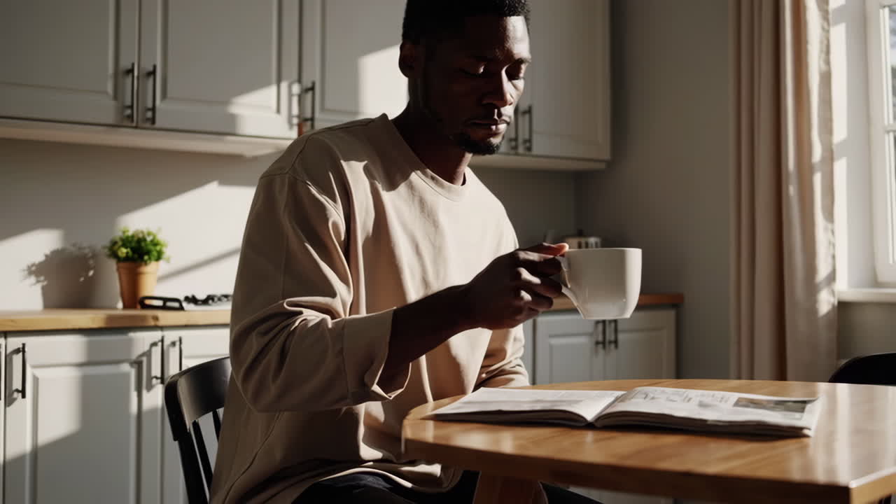 Man reading and drinking coffee in a sunlit kitchen