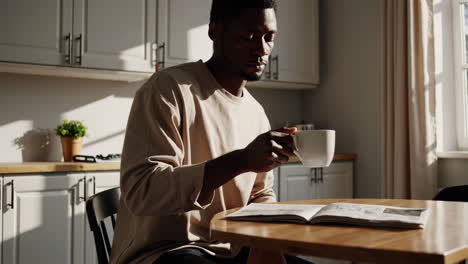man reading and drinking coffee in a sunlit kitchen