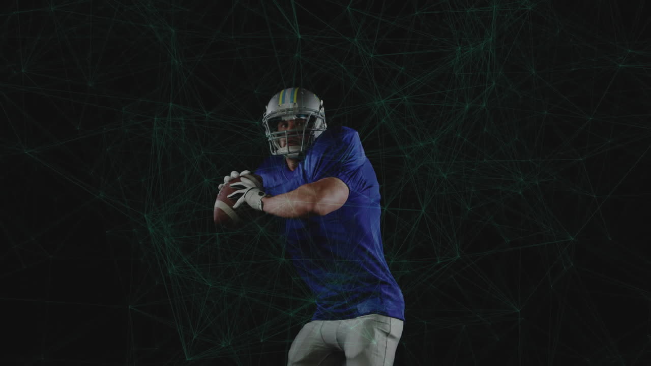 In school, animation showing American football player in action over digital network