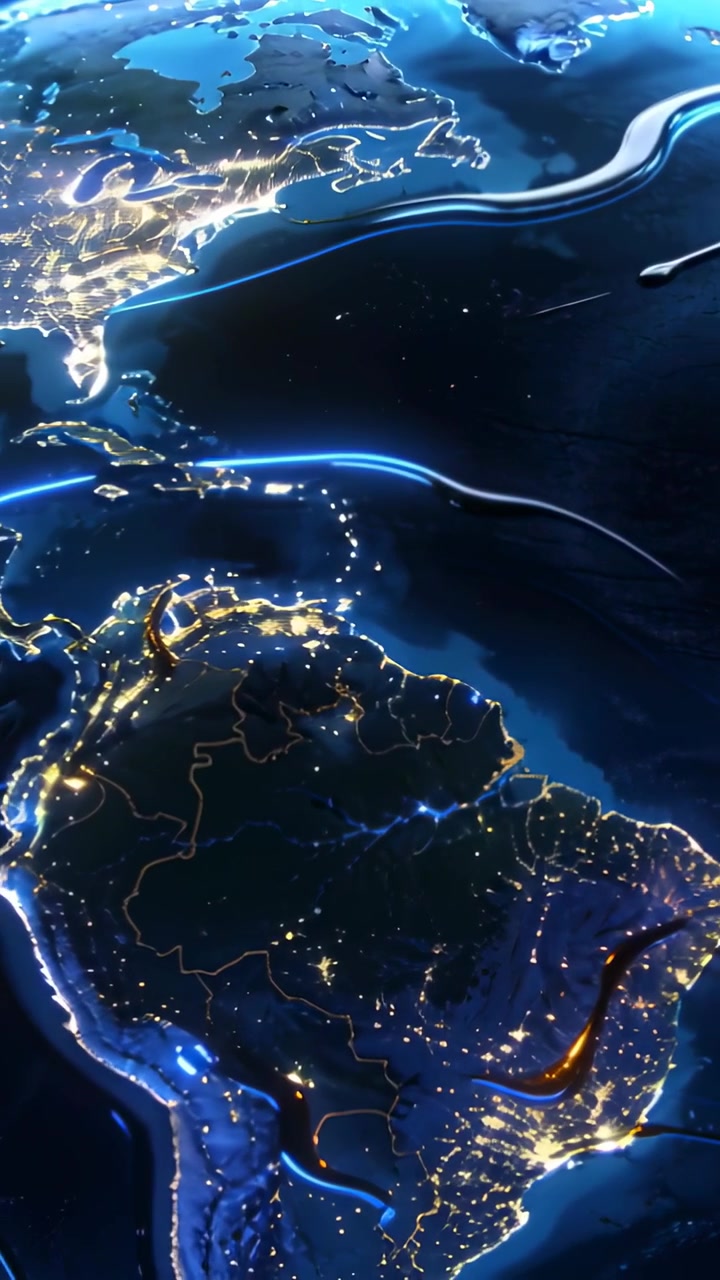 Vertical video: Panning globe showing South America night with city lights and ribbons, copy space