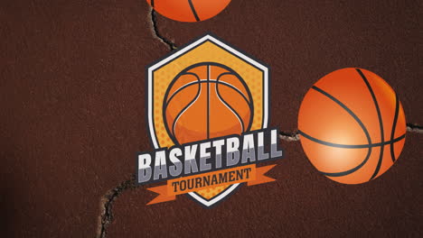 animación de balones de baloncesto rebotando sobre el cartel del torneo en un fondo marrón agrietado