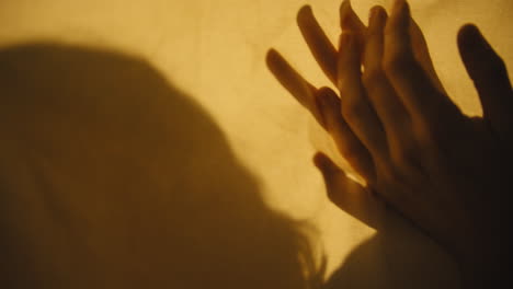 silueta de mujer retroiluminada en muselina mientras el hombre yace del otro lado