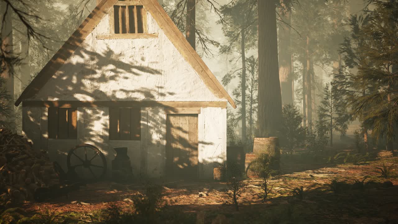 vieja casa de madera en el bosque de otoño