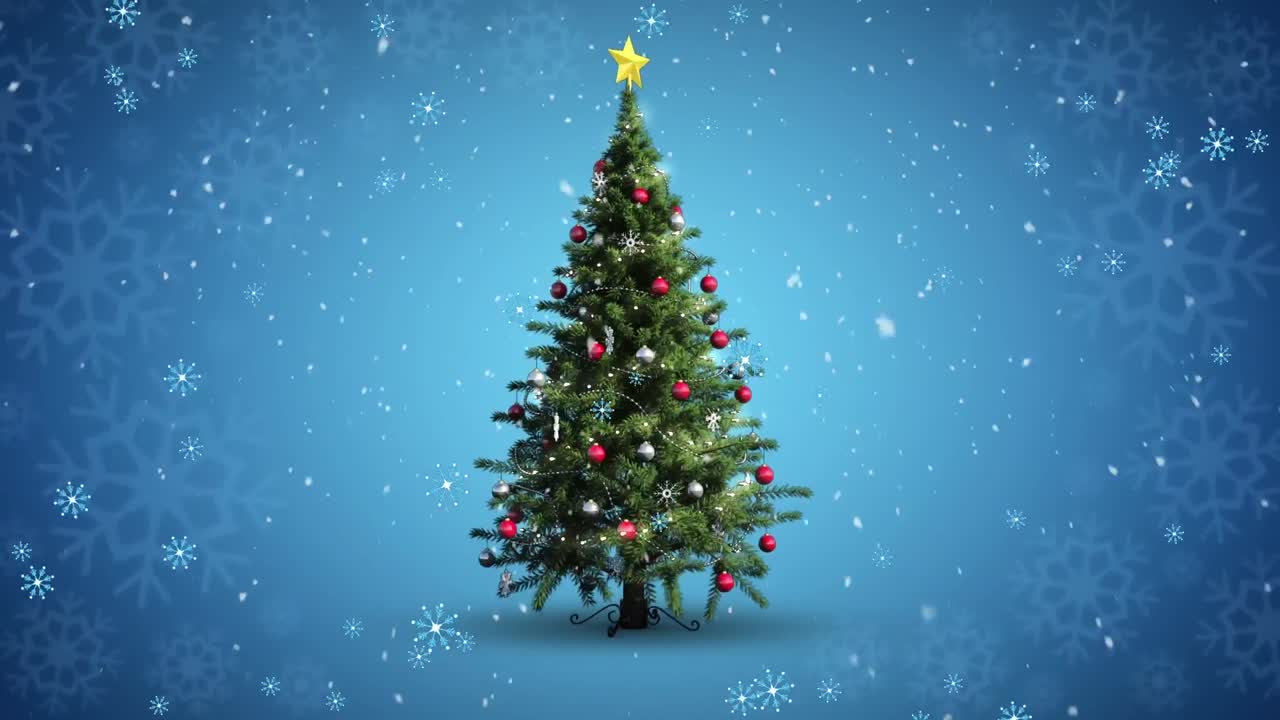 Animation of christmas tree and snow falling over blue background
