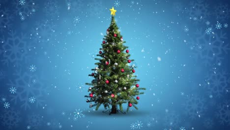 animación del árbol de navidad y la nieve cayendo sobre un fondo azul