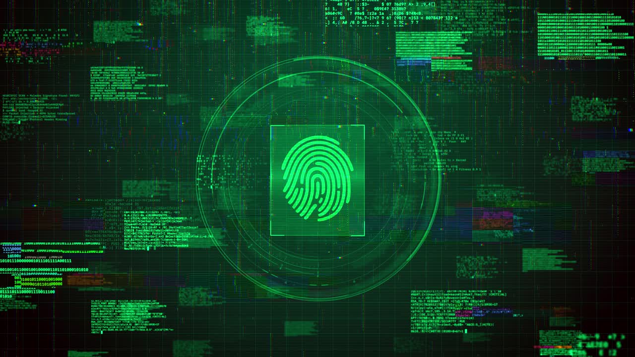 Futuristic Biometrics Fingerprint Icon Over Green Hacking Glitch Animation Background