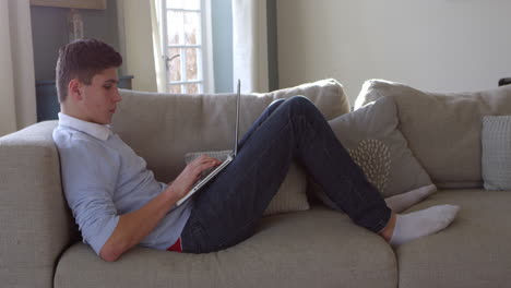 teenage boy sitting on sofa using laptop at home shot on r3d