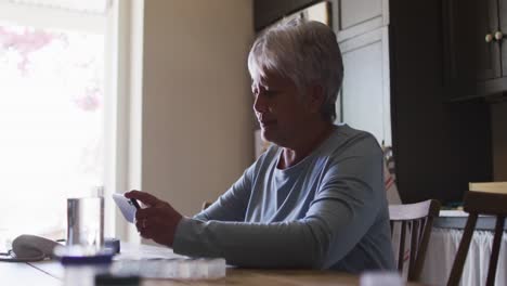 Mujer-Mayor-De-Raza-Mixta-Que-Tiene-Video-Chat-En-Un-Teléfono-Inteligente-En-La-Cocina