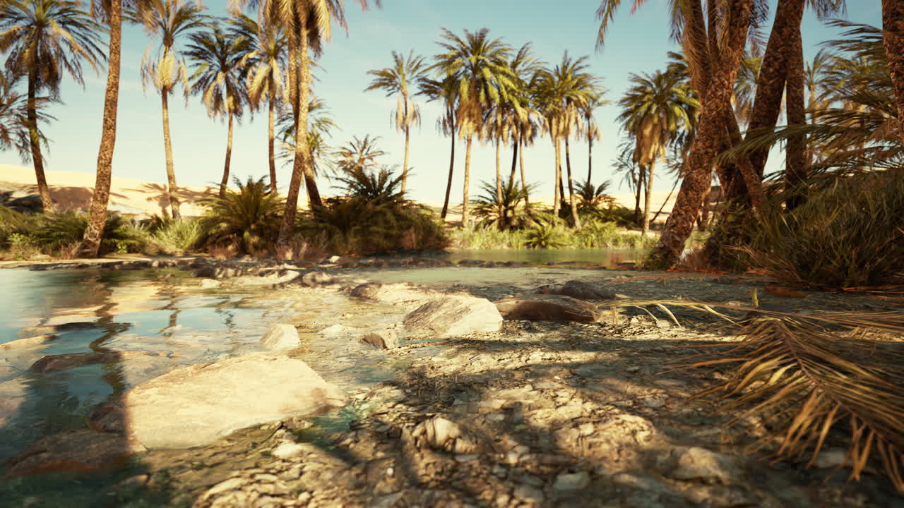 un oasis de estanque de fantasía en un bosque de palmeras