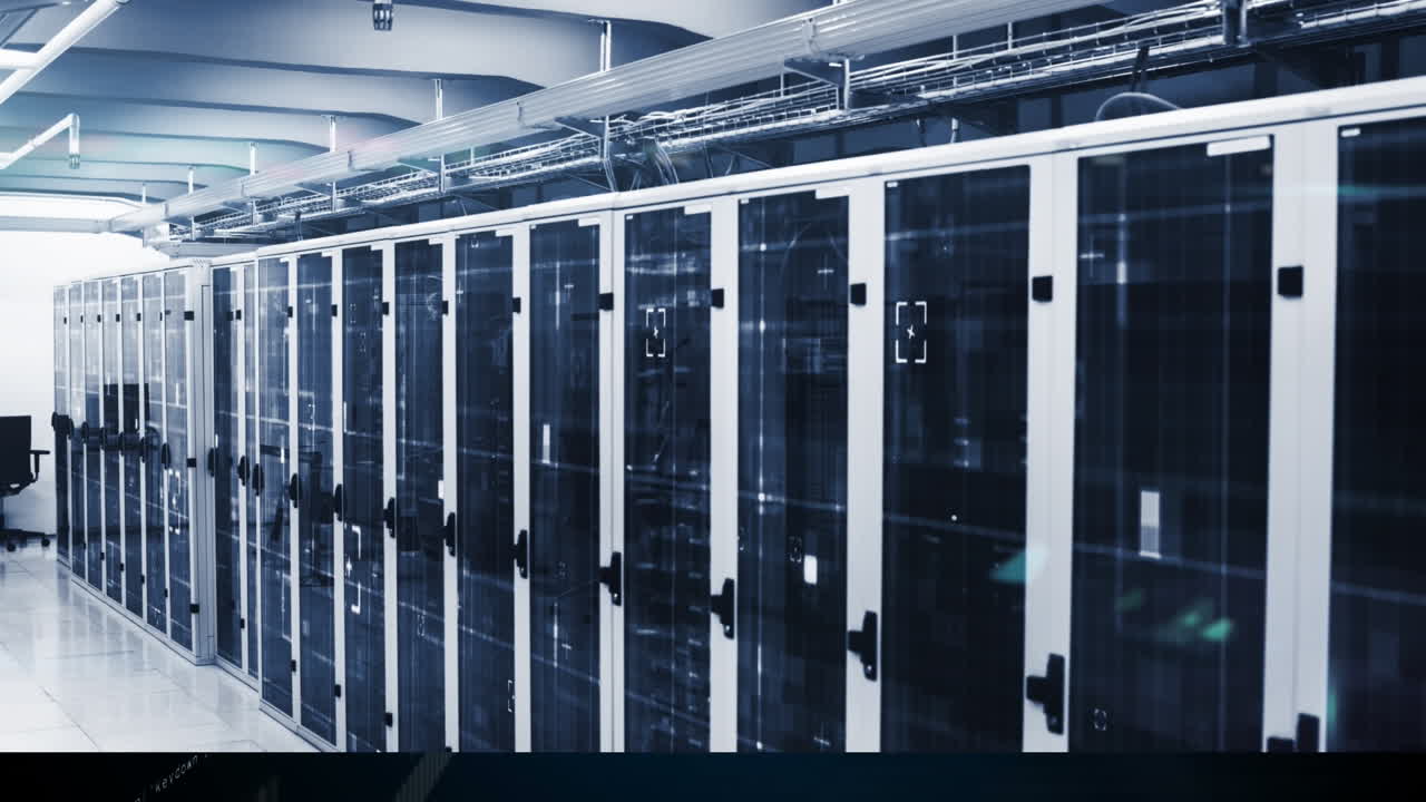 Animation of data processing and light trails over server room