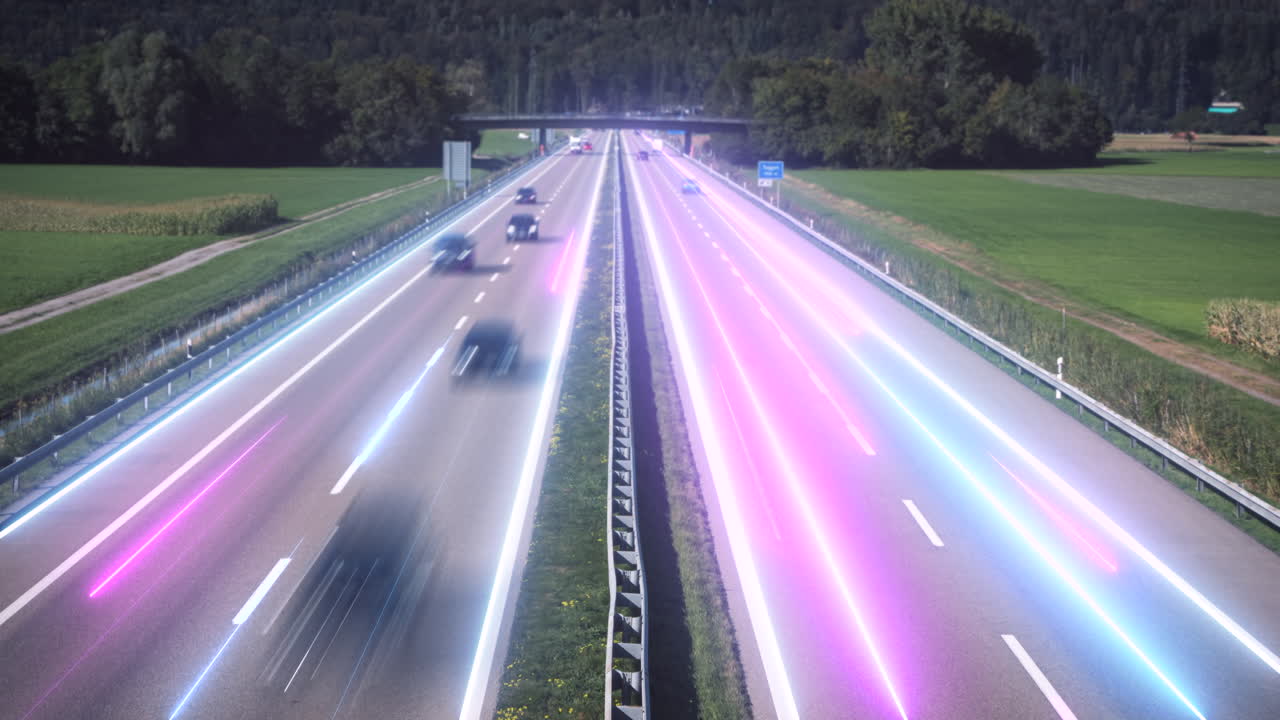 líneas brillantes digitalmente en la autopista ocupada