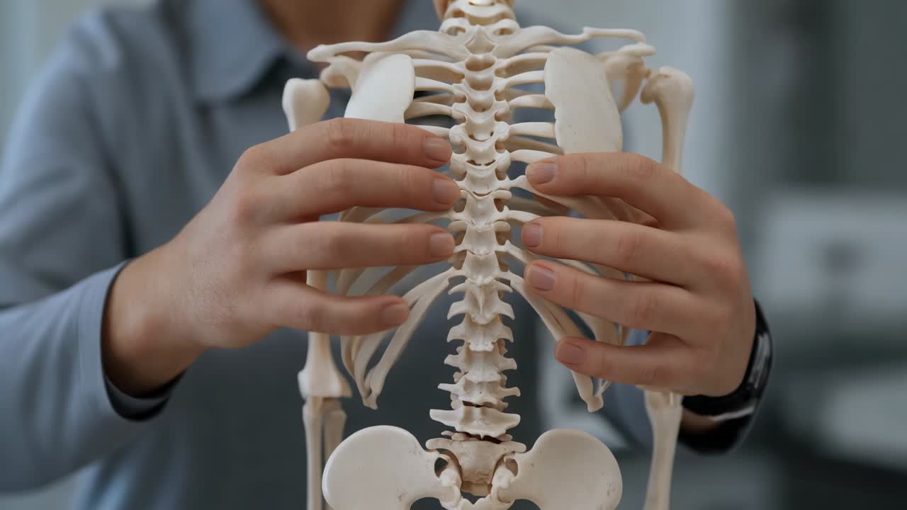 Scheletro che afferra, insegnante in camicia grigia che traccia la colonna vertebrale toracica e le costole in laboratorio, che insegna anatomia
