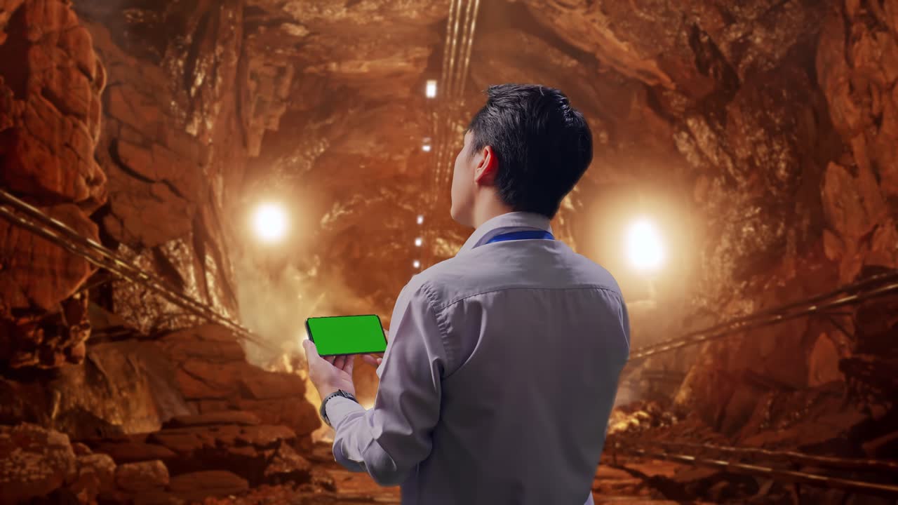 Back View Of An Asian Male Professional Worker Standing In Underground Mine Tunnel, Checking On Smartphone With Green Screen And Look At The Factory Once