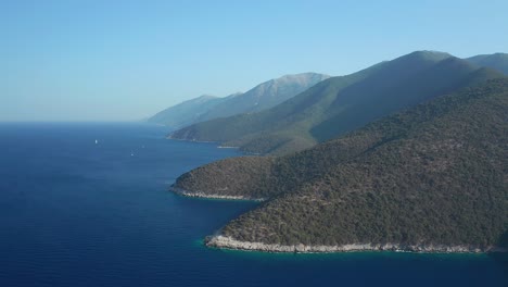 aerial view scenic mountain hills from kefalonia island coastline, idyllic landscape