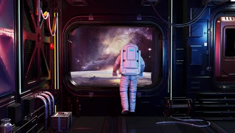 full body back view of alone astronaut in futuristic space corridor watching earth and stars. view of the earth. 3d animation