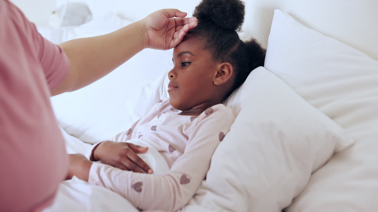 Sick, child or hands touching forehead to check