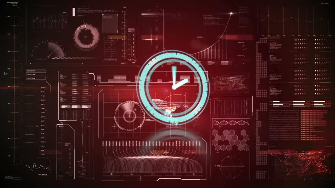 Animation of scope scanning with clock over data processing on red background