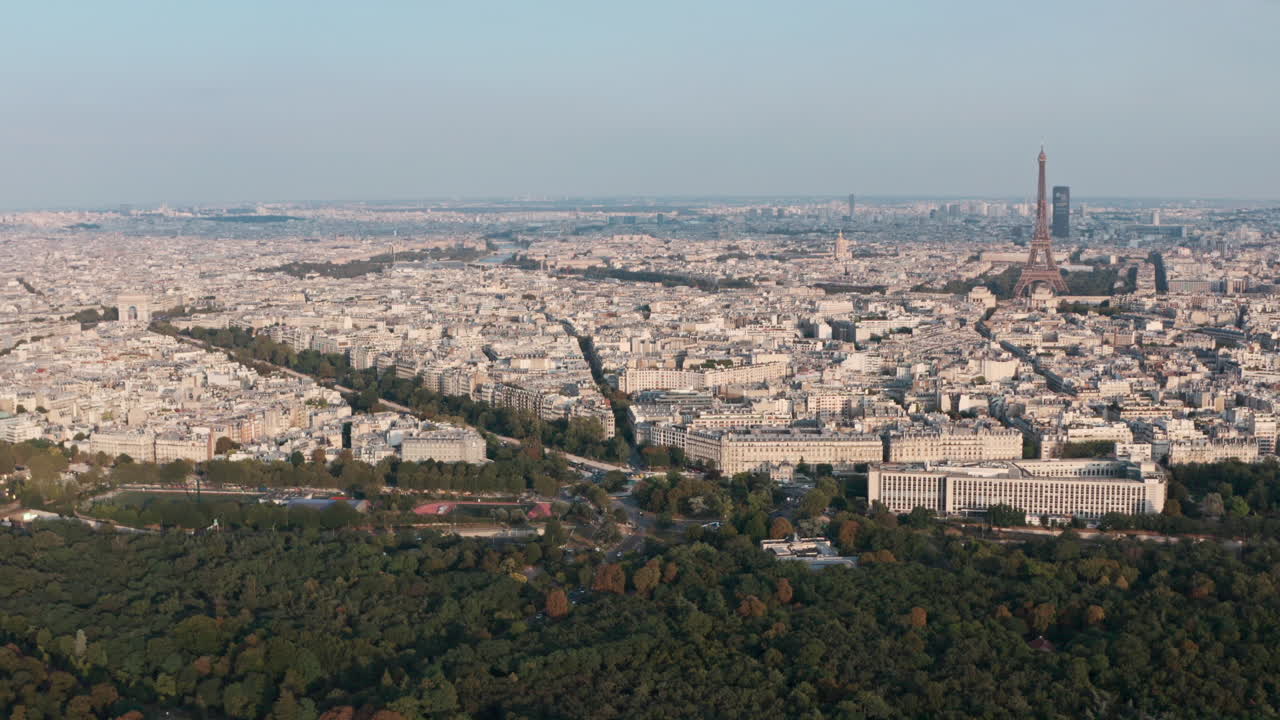 Slider drone shot of West Paris Eiffel tower and arc de triomphe
