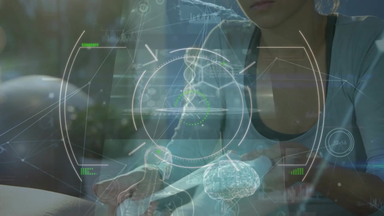 Animação de rede de conexões sobre mulher em forma se exercitando