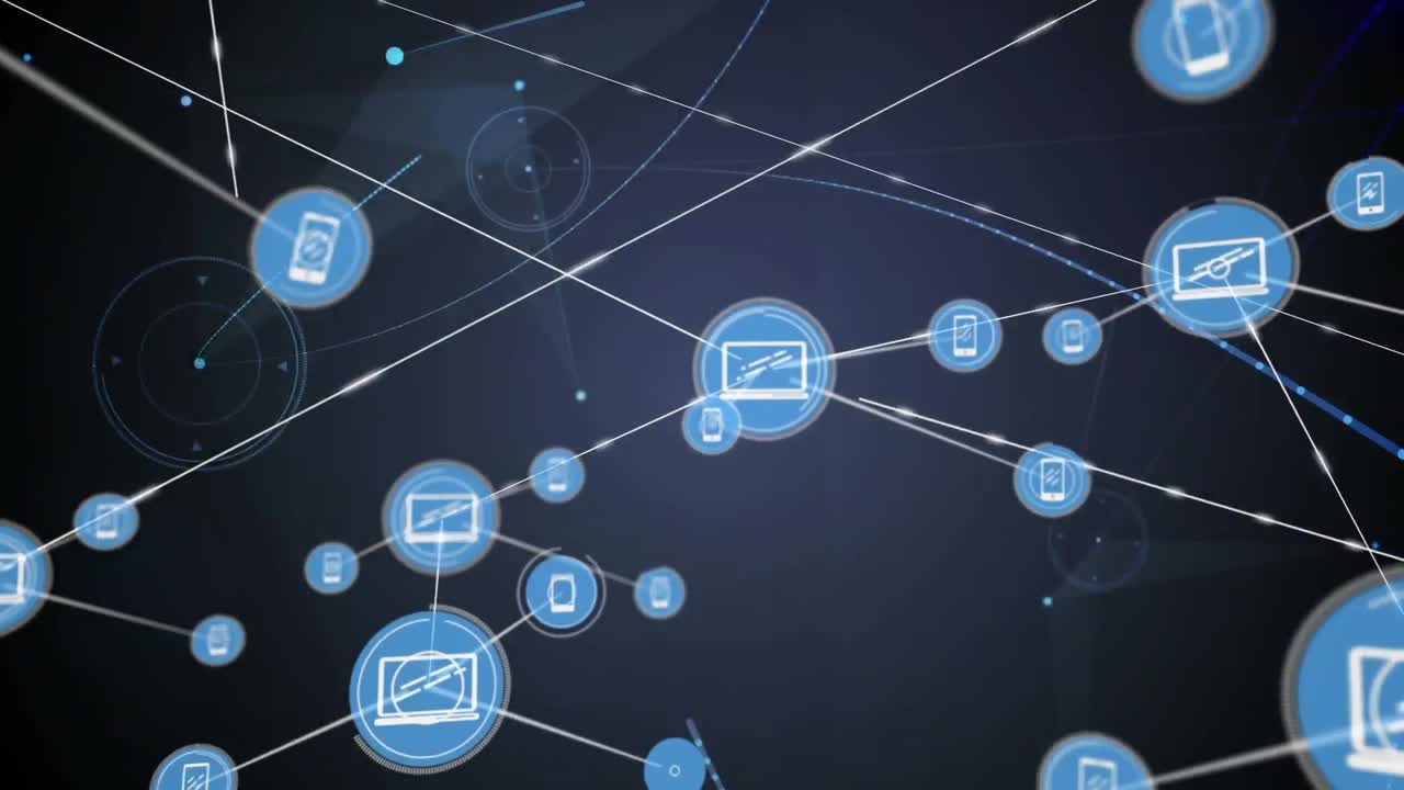 animación de la red de conexiones con iconos en fondo negro