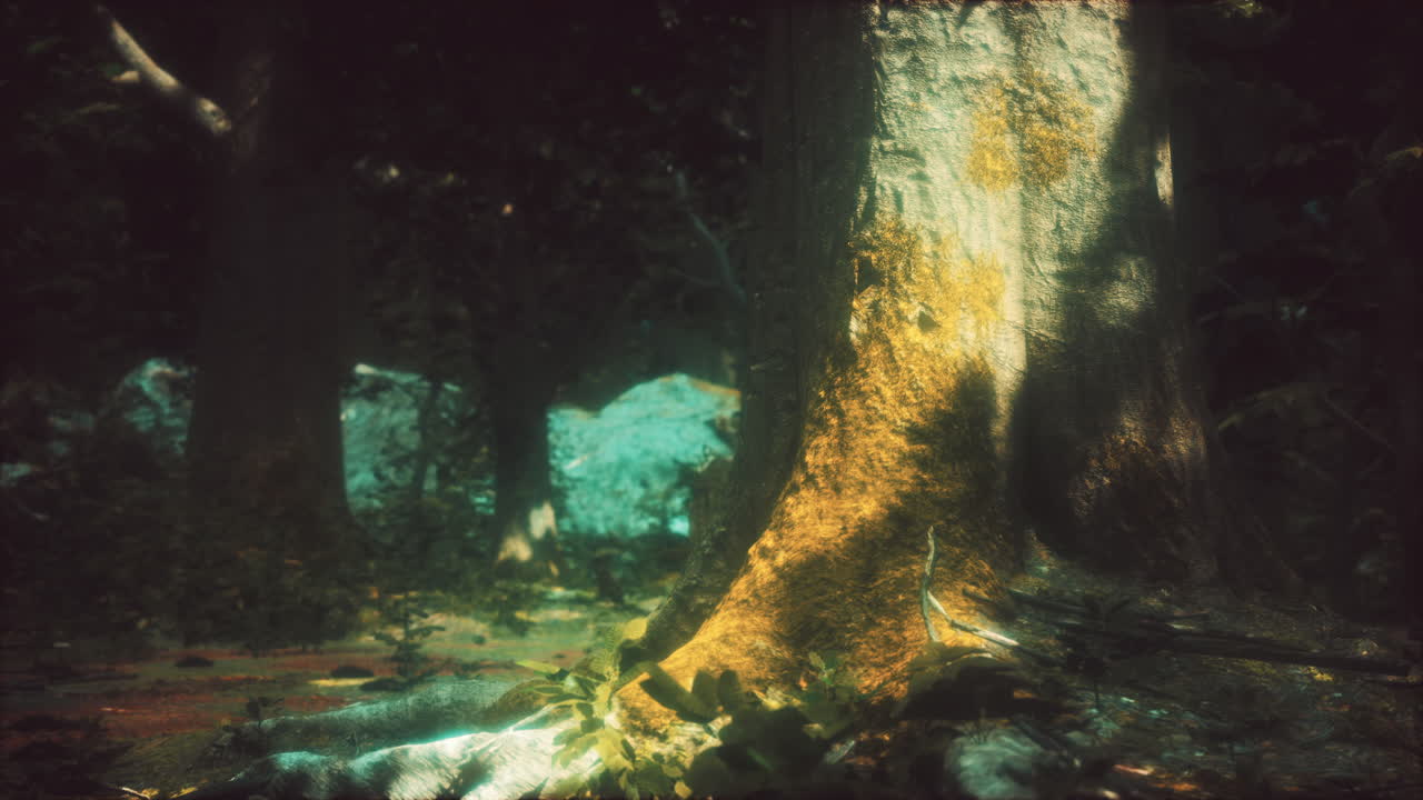 paisaje forestal con viejos árboles masivos y piedras de musgo
