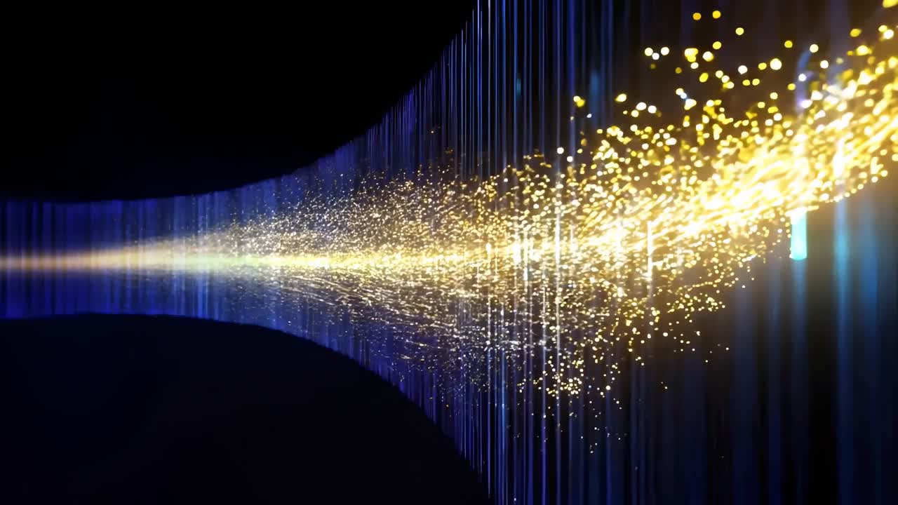 Abstract video of glowing blue and yellow lines converging, viewed from a side angle