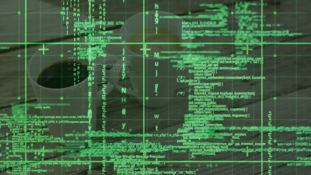 White ceramic coffee mugs sitting on wooden tabletop, displaying green code overlay in 3D render