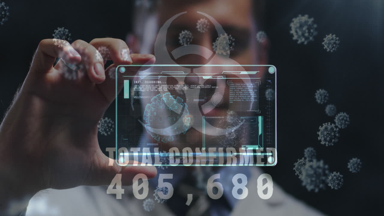 Biohazard symbol with increasing cases against caucasian male doctor holding futuristic screen