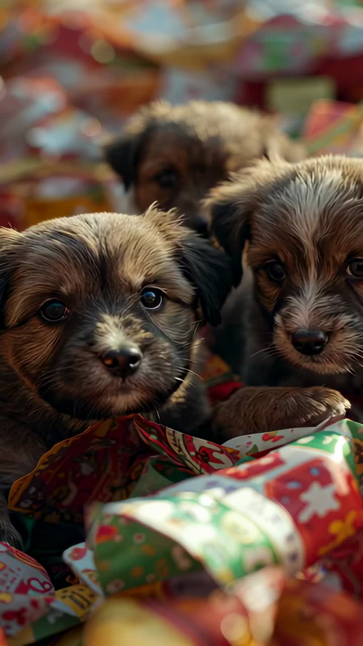 Vertical video: Reacting to camera, three puppies sniffing, nudging gift paper and ribbons at home