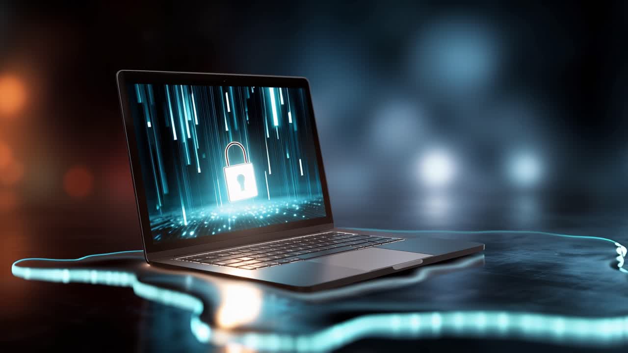 A sleek laptop displaying a digital padlock symbol against a mesmerizing background, emphasizing themes of cybersecurity and data protection in a modern context