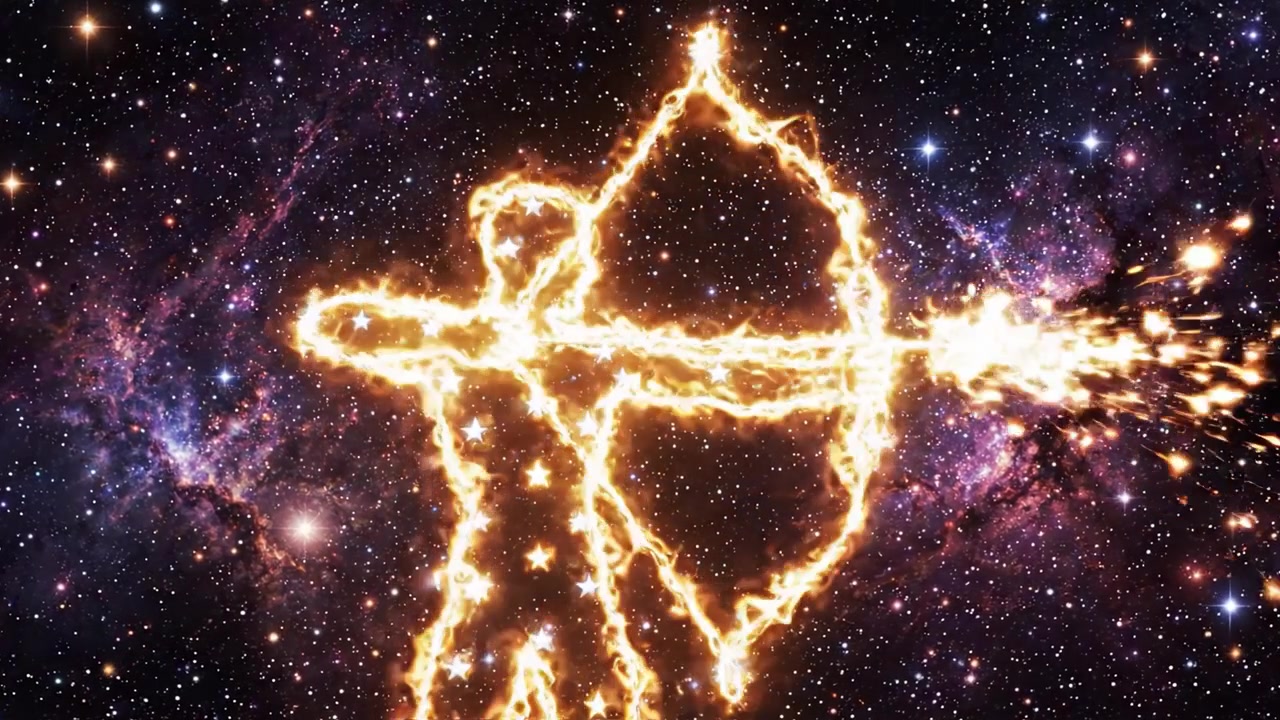 Un viaggio cosmico attraverso l'universo: dall'essenza delle nebulose celesti all'immagine eterea di un arciere infuocato in una mistica tela galattica.