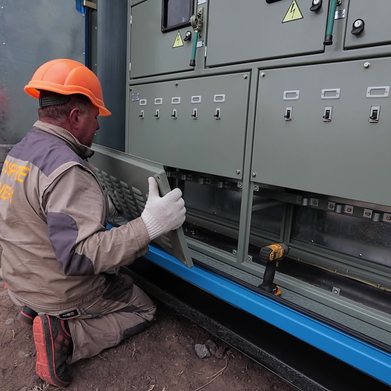 Handsome professional electricity engineers. Industrial workers installing construction