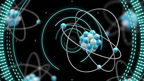 Animation-of-atom-model-spinning-and-data-processing-on-black-background