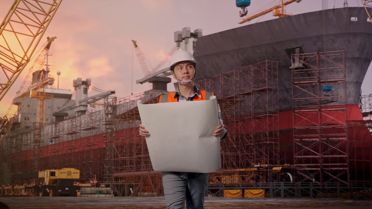 Front View of Asian Male Engineer Looking At Blueprint In His Hands While Walking at Shipbuilding in Dry Dock with Cranes and Scaffolding