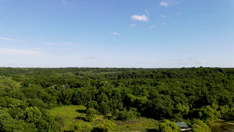 Mittlerer-Westen,-USA-–-üppige,-Grüne-Und-Flache-Landschaft-Mit-Horizont-–-Blauer-Himmel,-Drohnenflugansicht