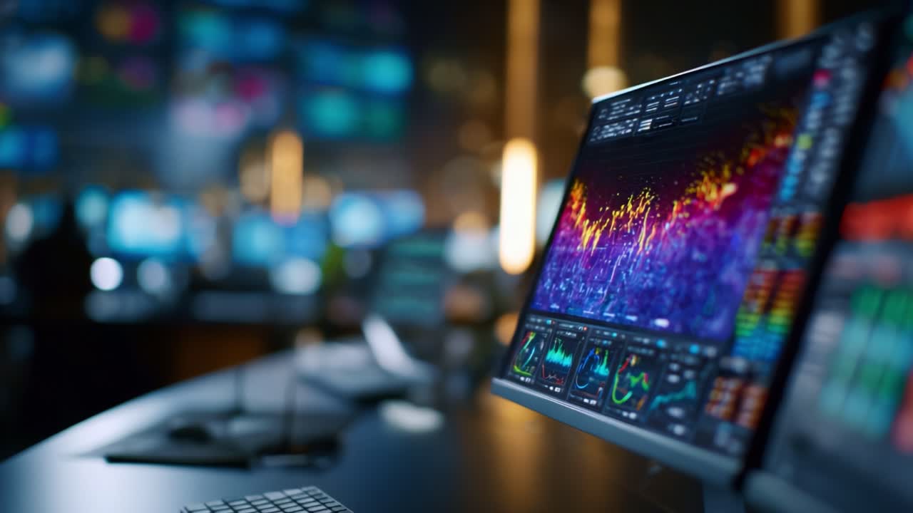 Analisi di dati finanziari con tecnologia avanzata: un trading room moderno che mostra grafici colorati del mercato e analisi in tempo reale sugli schermi dei computer