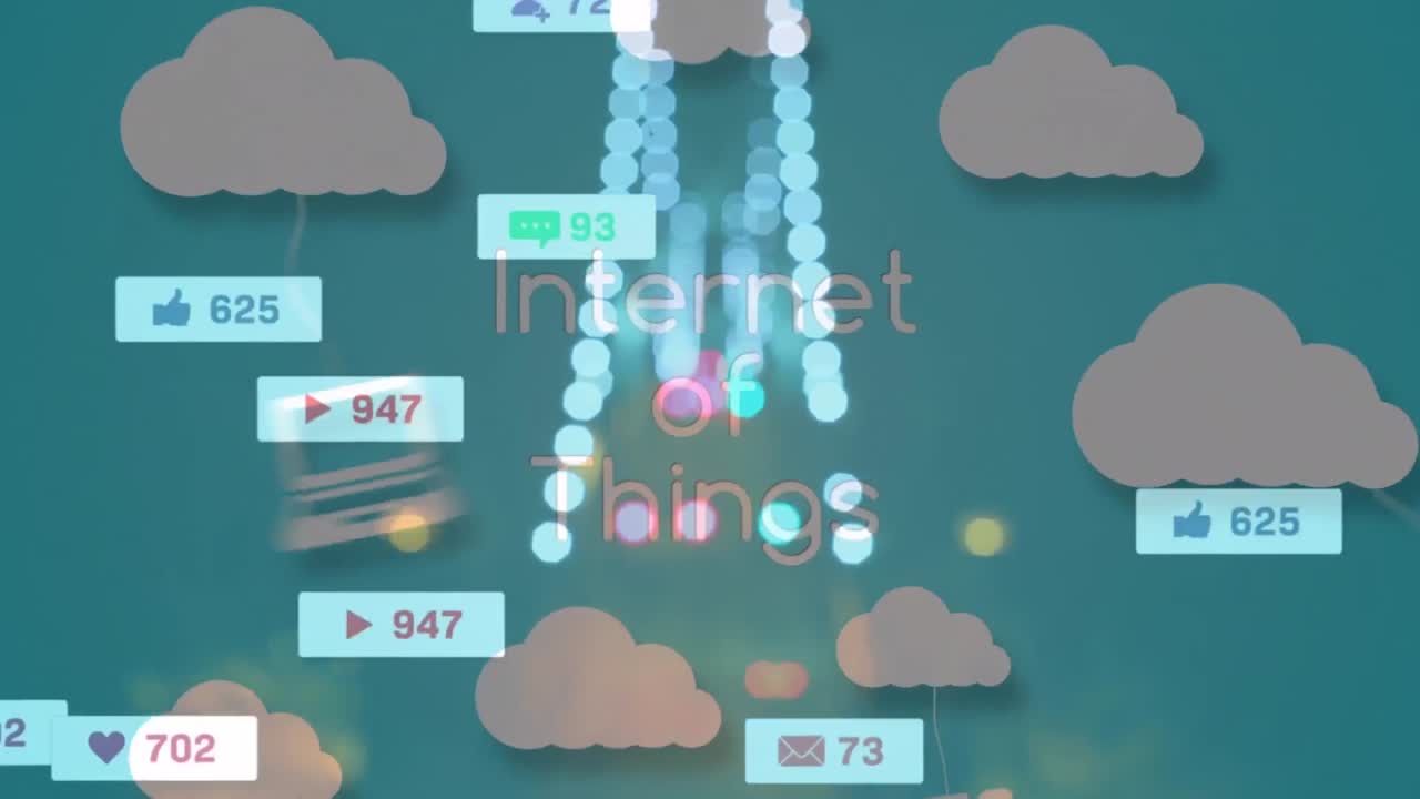 파란색으로 네트워크 알림, 클라우드 및 미디어 아이콘과 함께 사물 인터넷 텍스트의 애니메이션